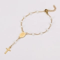 Close-up of 18k gold plated Virgin Mary medal and cross charm on pearl bracelet - 18+3cm / White