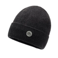 Dark grey ribbed knit beanie for men featuring a round mountain logo patch on the folded cuff - One Size / Marl Grey