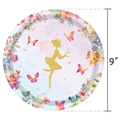 9-inch round paper party plate featuring a golden glitter fairy and floral patterns - Large Plates