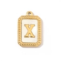 Macro detail of golden rectangular pendant with shell inlay and embossed letter X - Letter X