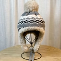 Gray jacquard knit trapper hat with beige faux fur lining and soft top pom-pom - Adult One Size 54-58cm / Gray