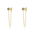 Detail of S925 silver gold chain earrings with green gemstones and elegant fan-shaped studs - 9-Gold Green Gem Eye Chain