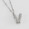 Minimalist silver puffed 3D letter V pendant necklace with fine beaded chain - Letter V / Steel