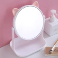 White desktop makeup mirror with pink cat ears and a convenient storage base tray - Cat Ear / White
