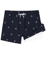 Detail of navy swim shorts with white anchor print and built-in white inner liner - XS / Bottoms / Navy Blue (Anchor Print)