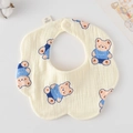 Petal shaped cream baby bib with blue bear print and white snap button made of cotton - Gauze Flower Scarf - Lucky Bear