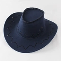 Close-up of navy blue felt cowboy hat with black leather cross-stitch detail on brim - Navy Blue