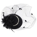Elegant black fascinator hat with veil, feathers, and pearl details on white background - Black