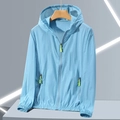 Detail of light blue sun protection jacket with neon green zipper pull and elastic cuffs - M / Light Blue