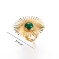 Adjustable gold flower ring with turquoise stone and solar texture, 37mm diameter - Sun Design / Sunburst Radiant Style (Green)