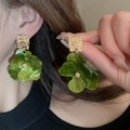 Fashion green acrylic flower earrings with golden textured metal square studs for women - E2565 Green / 925 Silver Needle