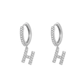 Silver hoop earrings with letter H pendant inlaid with sparkling white zircons - Letter H / Silver