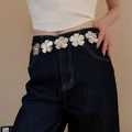 Silver metal waist chain with floral designs and white pearls on model waist - Metal Flower & Pearl Style (6#) / Silver