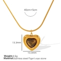 French vintage heart necklace with brown tiger eye stone in gold stainless steel finish - Tiger Eye Stone Heart Gold Necklace (XL92)