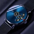 Detail view of ORUSS watch with blue sunburst dial and black mesh strap for men - New Concept - Black Mesh Band Blue Dial