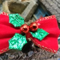 Red velvet Christmas bow with green glitter holly leaves and golden edge stitching - Christmas Bow 6