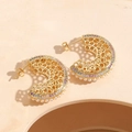 14K gold plated C-shaped half-moon earrings with pearls and colorful zircon stones - Gold C-Shape Zircon Pearl