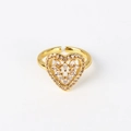 Detail of heart-shaped open ring in gold finish with micro-pave white zircon crystals - Adjustable Open / Heart Hollow Multi-Stone Style(XJZ40)