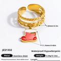 Golden double-layered stainless steel ring with a festive red and white Christmas sock charm - Striped Christmas Sock Style (JZ21332)