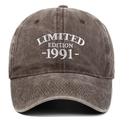 Detail of white Limited Edition 1991 embroidery on brown washed cotton baseball cap - Adjustable / Coffee