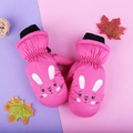 Pink waterproof winter mittens for children with cartoon rabbit design and elastic wrist strap - One Size / Rose Red Rabbit / 6-10 Years
