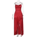 Elegant red satin spaghetti strap evening dress with asymmetric hem and ruched details - Red