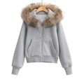 Detail of light grey hooded sweatshirt featuring a detachable faux fur trim collar - S / Light Gray