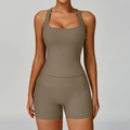 Ribbed yoga two-piece set featuring racerback tank top and high waist shorts in taupe - S / Vest + Shorts / Light Coffee