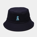 Detailed view of navy blue cotton bucket hat with cute blue dinosaur embroidery - M (56-58cm) / Navy Blue