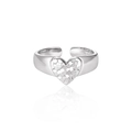 Polished S925 sterling silver open heart ring with textured center on white background - White Gold Color (Size 14/Adjustable)