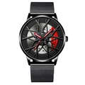 Racing hub watch with black 5-spoke rim, red brake caliper and Milanese mesh band - Black Case Red Caliper - Black Mesh Band