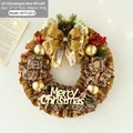 Champagne gold Christmas wreath with linen bow, pine cones, and Merry Christmas sign - Wreath with Ball Ornaments
