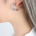 Elegant silver round hoop earrings with embossed texture pattern for a French style - Silver Earrings / Silver