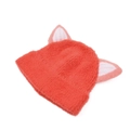 Close-up of bright orange knit cat ear hat with soft plush faux fur texture for kids - Kids Cat Ear Plush Hat / Red