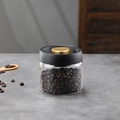 Vacuum sealed borosilicate glass storage jar with black matte lid and coffee beans inside - 500ml / Transparent Bottle / Gold