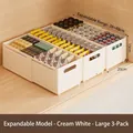 Set of 3 cream white extendable cupboard organizers, adjustable 28-48cm storage bins - Large/3 Pack / Cream White