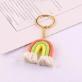 Handmade woven rainbow keychain with pink green yellow cotton rope and white tassels - Rainbow 9