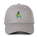 Detailed view of the frog embroidery and twill cotton texture on a grey baseball cap - Adjustable / Gray