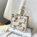 Simpatica borsa da pranzo in iuta con orsetto e manici intrecciati resistenti - Bianco