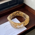 Transparent resin bangle with embedded gold foil details and vintage square-curved design - Geometric Rhombus / Inner Diameter 65mm / Glitter Gold