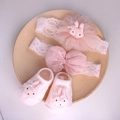 Pink infant lace headband and socks set with cute bunny ears and soft mesh flower detail - 4669 Pink Rabbit Headband + Socks