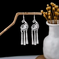 Ethnic style silver peacock bell tassel earrings with hollowed leaf and paisley design - Silver Paisley Tassel(E5882)