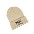 Detailed close-up of beige ribbed knit beanie with black NOPE not today embroidery - M (56-58cm) / Beige