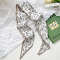 Slim silk scarf with grey heart patterns and brown piping for hair or bag decoration - Heart