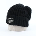 Japanese retro black knitted beanie hat with chunky thick fold and side patch label - Black