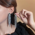 Silver luxury long tassel earrings with sparkling rhinestones in a clip-on variant - 3D Style / Electrophoretic Black White Rhinestone