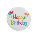 Detail view of a white Happy Birthday tinplate badge with colorful balloon prints - Happy Birthday 6 / 58mm