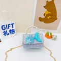Girl's blue sequined mermaid purse with pearl handle and golden chain strap - Horizontal Blue