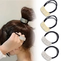 Elastic ponytail holder with geometric crystal buckle in gold and silver finish - Set 3 (4 Pack)