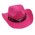 Detailed view of pink western straw cowboy hat with metallic longhorn ornament. - One Size / Rose Red